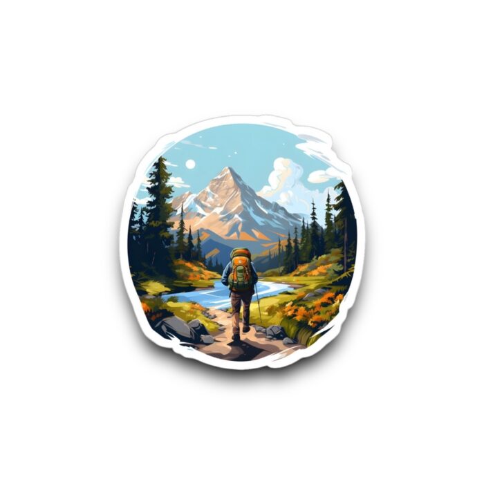 Hiker Walking in a Mountainous Landscape Sticker